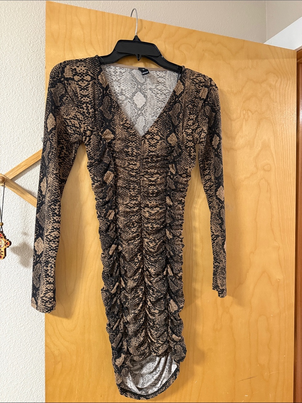Windsor Brown and Black Snake-Print Ruched V-Neck Long Sleeve Dress